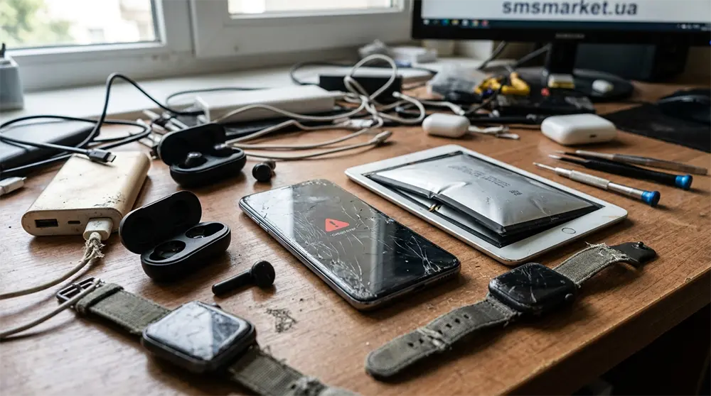 Приклади пошкоджень гаджетів, що потребують ремонту або заміни | SMS Market Хаотичний робочий стіл із пошкодженими гаджетами: смартфон із розбитим екраном та планшет із вздутим акумулятором. На моніторі розмитий логотип smsmarket.ua.